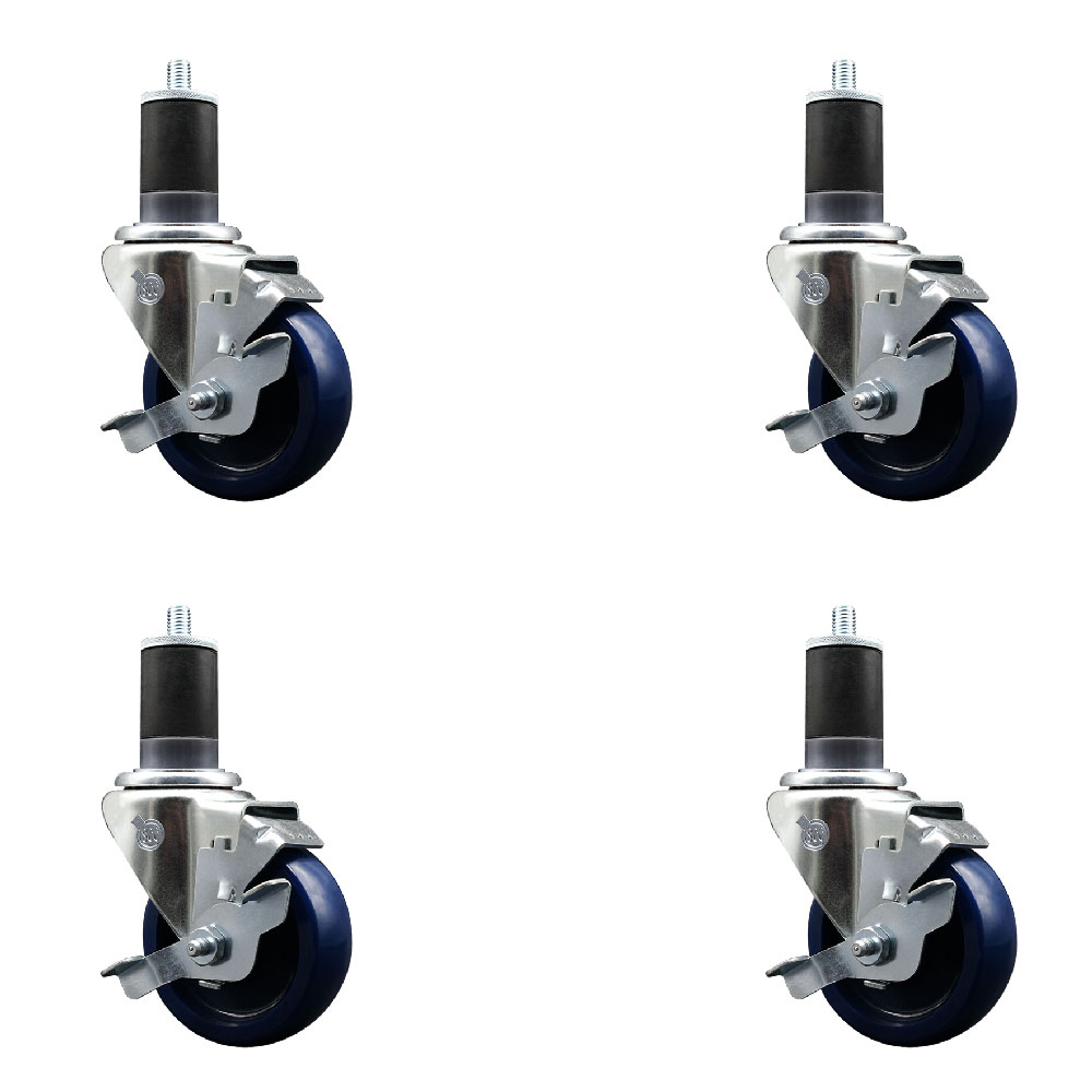 Stainless Steel Solid Polyurethane Swivel Expanding Stem Caster with 3.5 in. Blue Wheels & 1.87 in. Stems4 Swivel with Top Locking Brakes - Set of 4