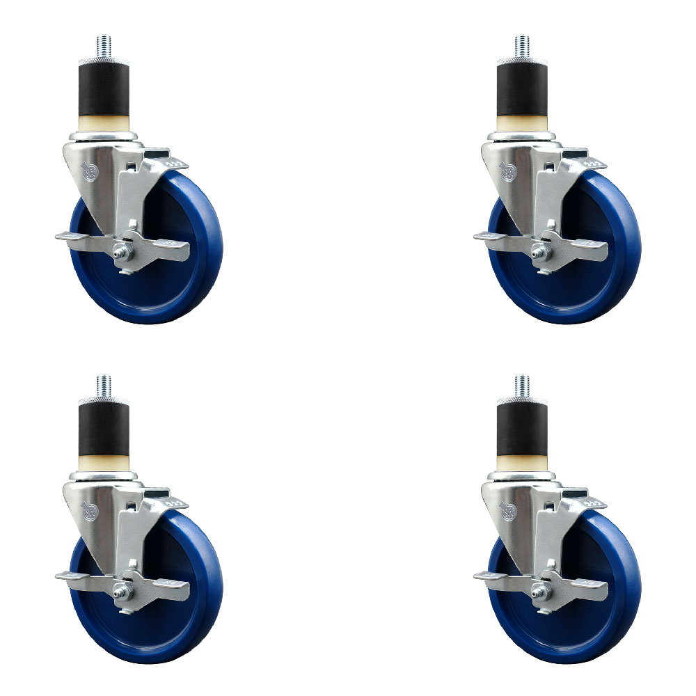 Stainless Steel Solid Polyurethane Swivel Expanding Stem Caster with 5 in. Blue Wheels & 1.87 in. Stems4 Swivel with Top Locking Brakes - Set of 4