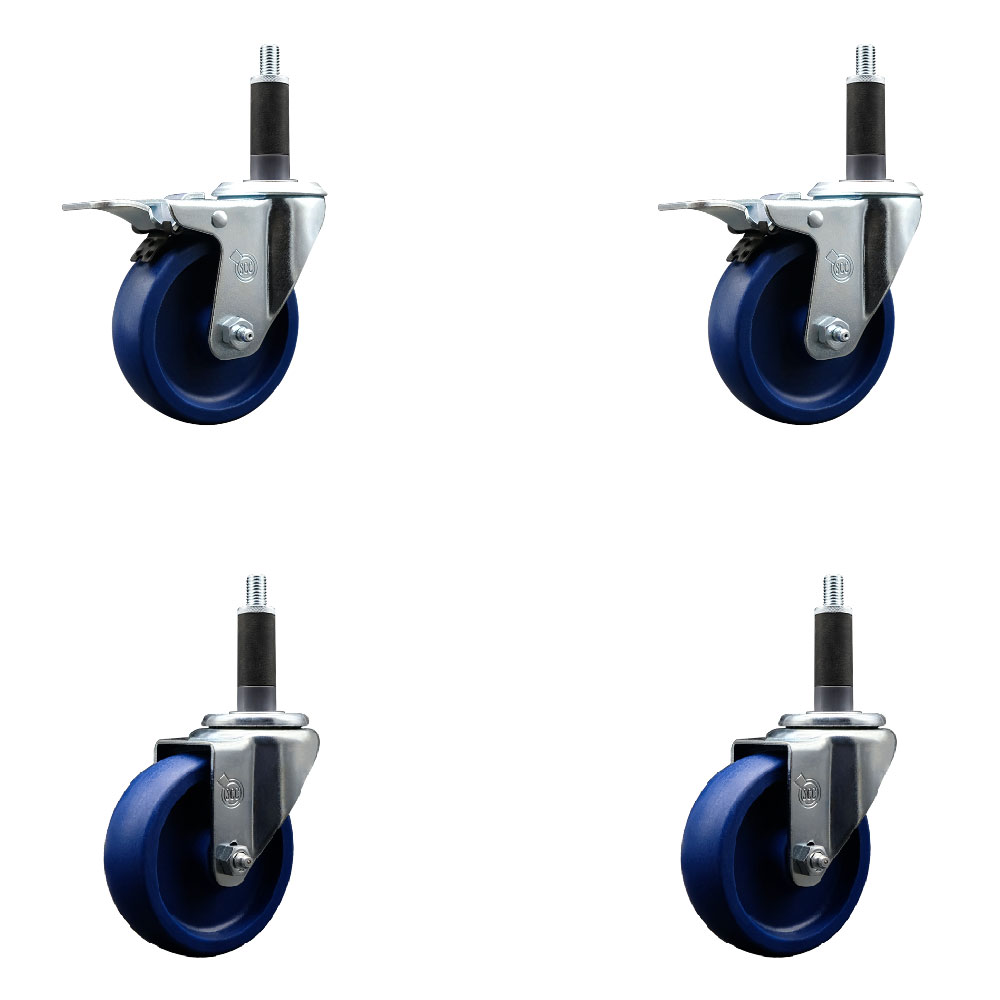 SCC-SSEXTTL20S414-SPUS-2-S-2-1 Stainless Steel Solid Polyurethane Swivel Expanding Stem Caster with 4 in. Blue Wheels & 1 in. Stems - Set of 4