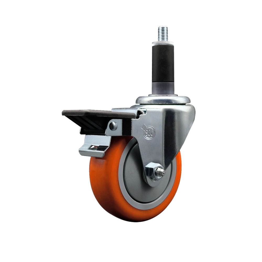 SCC-EX20S414-PPUB-ORG-PLB-118 Polyurethane Expanding Stem Swivel Caster with 4 in. Orange Wheel & 1.13 in. Stem & Posi Locking Brake