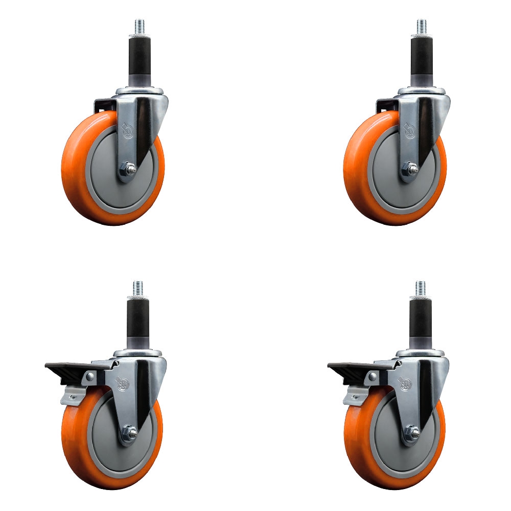 SCC-EX20S514-PPUB-ORG-2-PLB-2-118 Polyurethane Swivel Expanding Stem Caster with 5 in. Orange Wheels & 1.13 in. Stems - Set of 4