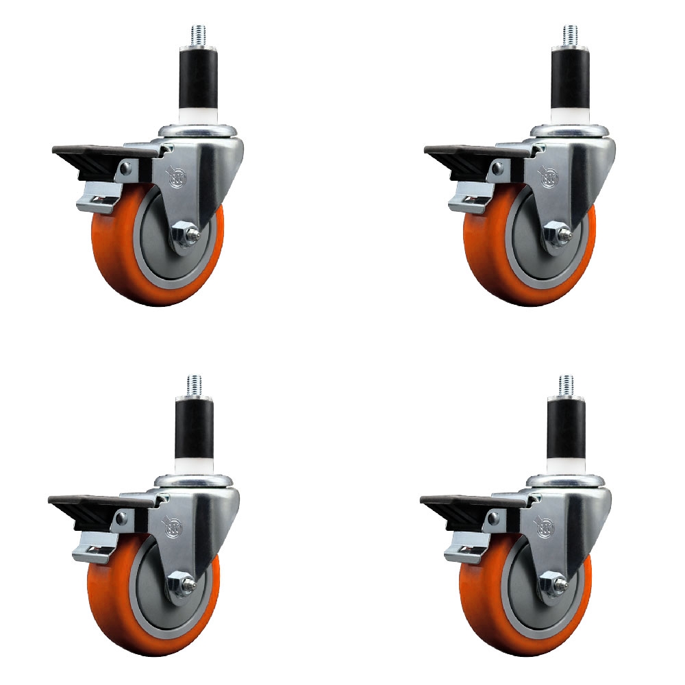 SCC-EX20S414-PPUB-ORG-PLB-138-4 Polyurethane Swivel Expanding Stem Caster with 4 in. Orange Wheels & 1.38 in. Stems - Set of 4