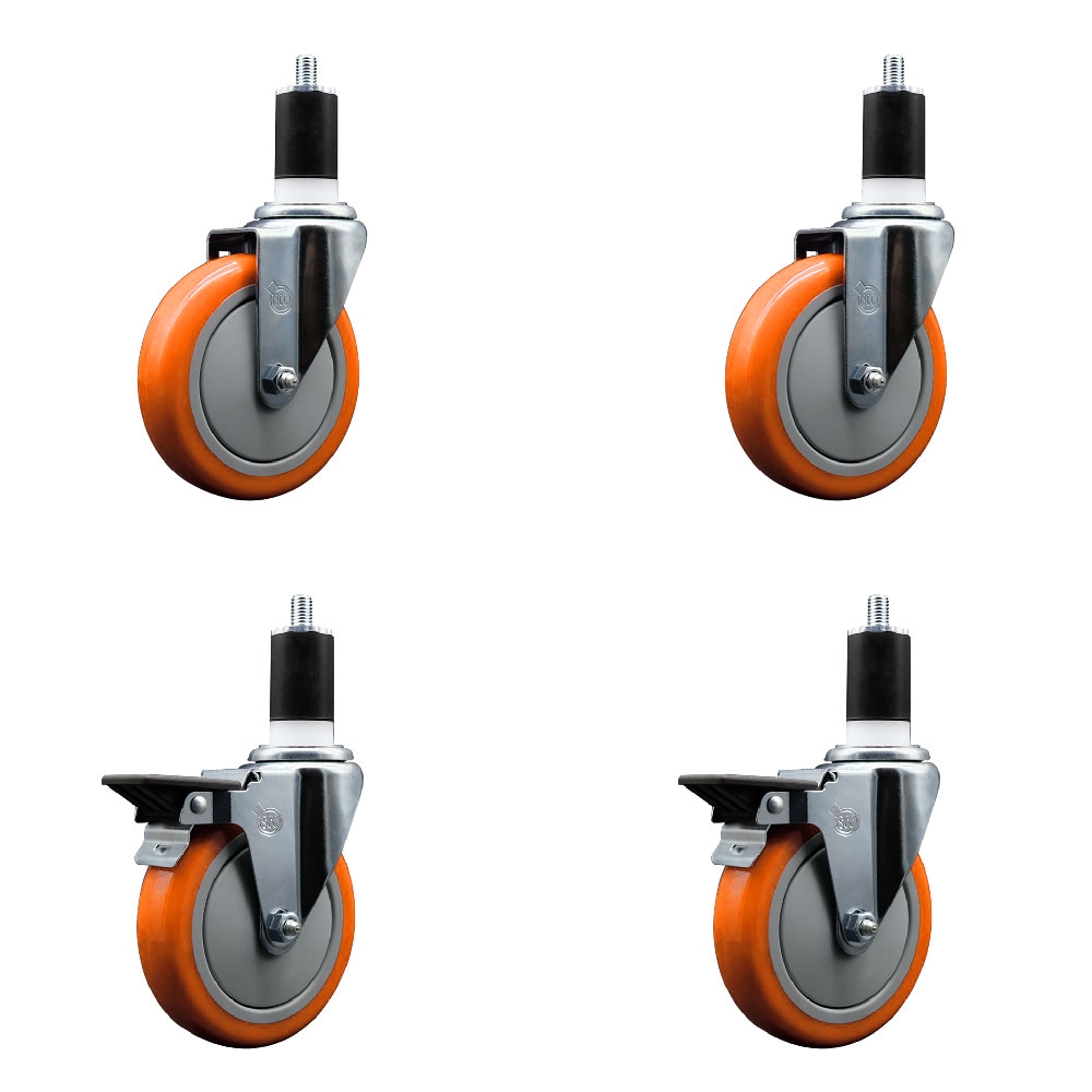 SCC-EX20S514-PPUB-ORG-2-PLB-2-112 Polyurethane Swivel Expanding Stem Caster with 5 in. Orange Wheels & 1.5 in. Stems - Set of 4