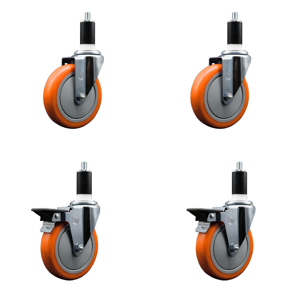 SCC-EX20S514-PPUB-ORG-2-PLB-2-138 Polyurethane Swivel Expanding Stem Caster with 5 in. Orange Wheels & 1.38 in. Stems - Set of 4