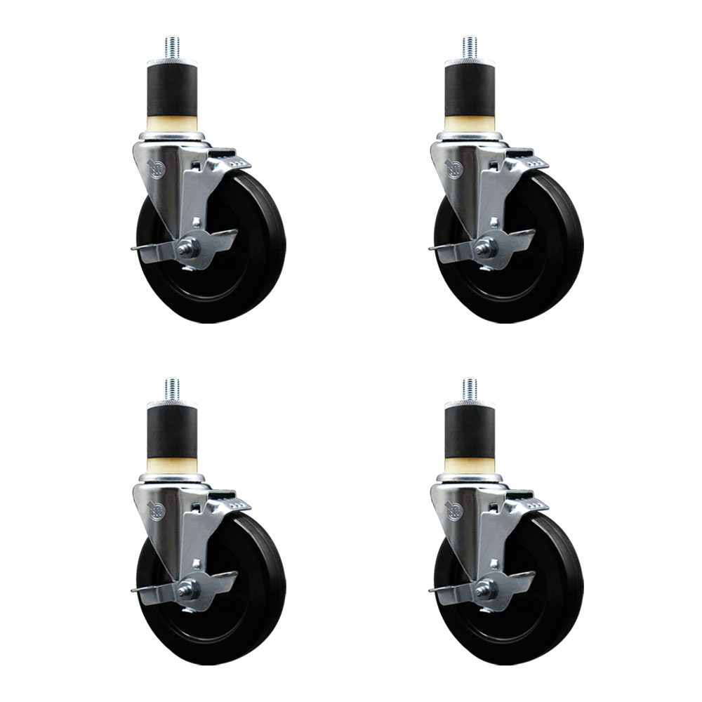 Stainless Steel Soft Rubber Swivel Expanding Stem Caster with 5 in. Black Wheels & 1.87 in. Stems, 4 Swivel with Top Locking Brakes - Set of 4