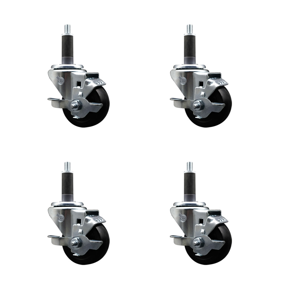 Stainless Steel Soft Rubber Swivel Expanding Stem Caster with 3 in. Black Wheels & 1 in. Stems, 4 Swivel with Top Locking Brakes - Set of 4
