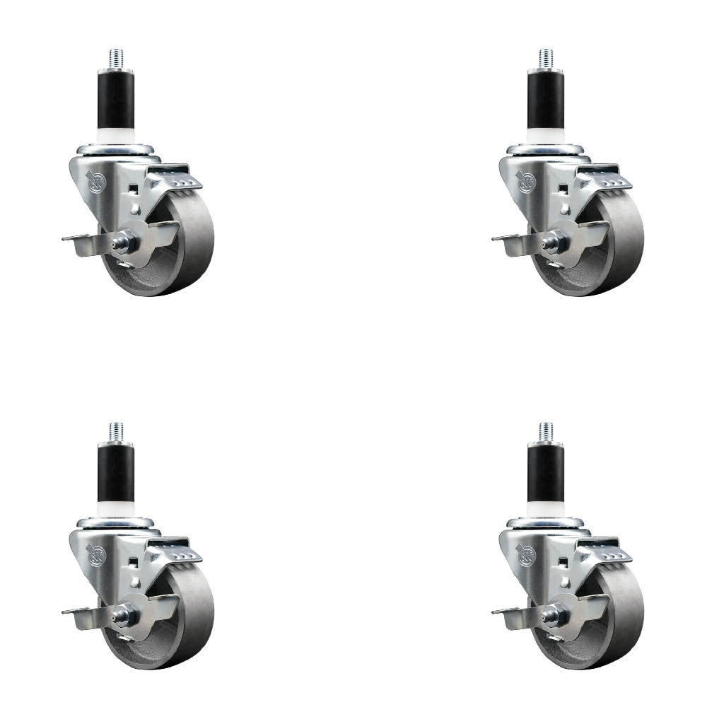 Semi Steel Cast Iron Swivel Expanding Stem Caster with Roller Bearings 3 x 1.5 in. Silver Wheels & 1.38 in. Stems 4 with Top Lock Brakes - Set of 4