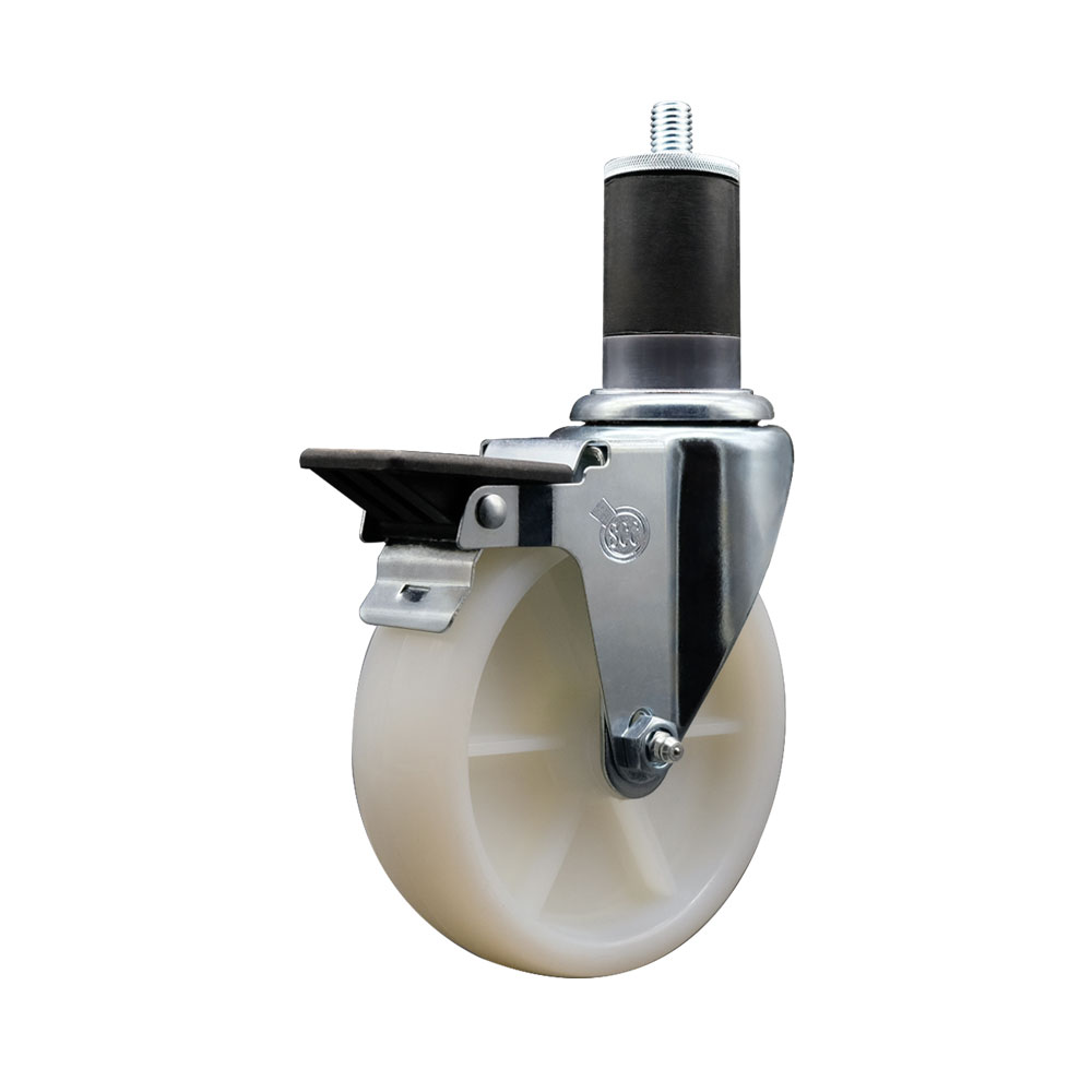 SCC-EX20S514-NYS-PLB-158 Nylon Expanding Stem Swivel Caster with 5 in. White Wheel & 1.63 in. Stem & Posi Locking Brake