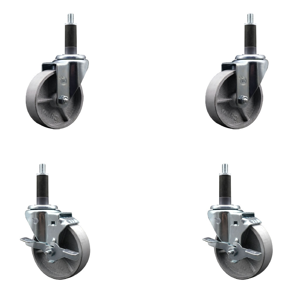 Semi Steel Cast Iron Swivel Expanding Stem Caster with Roller Bearings 4 x 1.5 in. Silver Wheels & 1 in. Stems 2 with Top Locking Brakes - Set of 4
