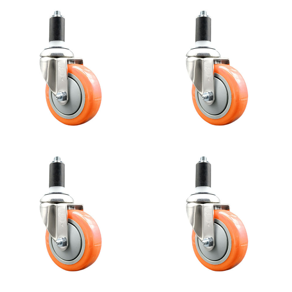 Polyurethane Swivel Stem Caster with 4 in. Orange Caster Wheels, 1.25 in. Expanding Stems - 316 Stainless Steel Casters - Set of 4