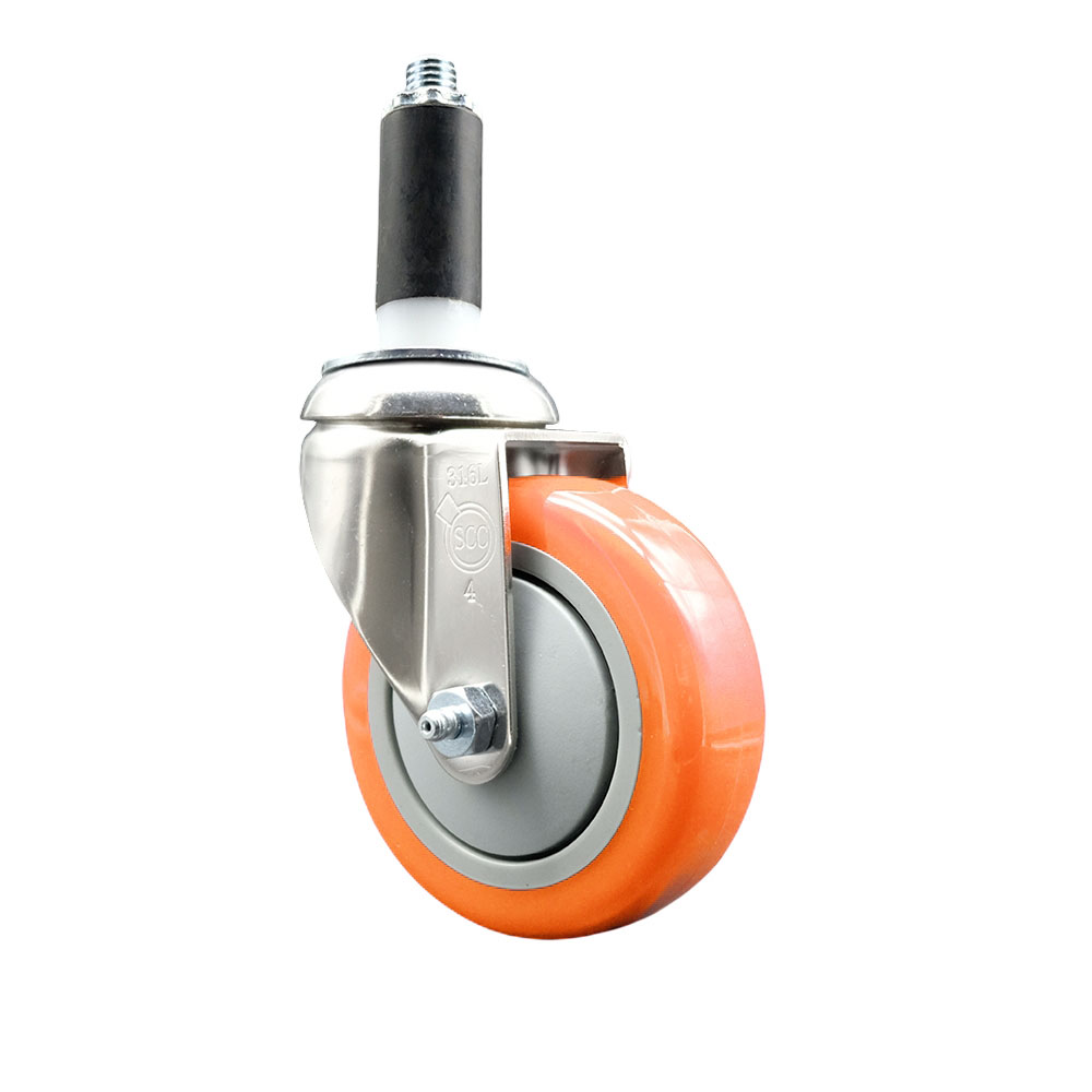 Polyurethane Swivel Stem Caster with 4 in. Orange Caster Wheels, 1.13 in. Expanding Stem - 316 Stainless Steel Caster