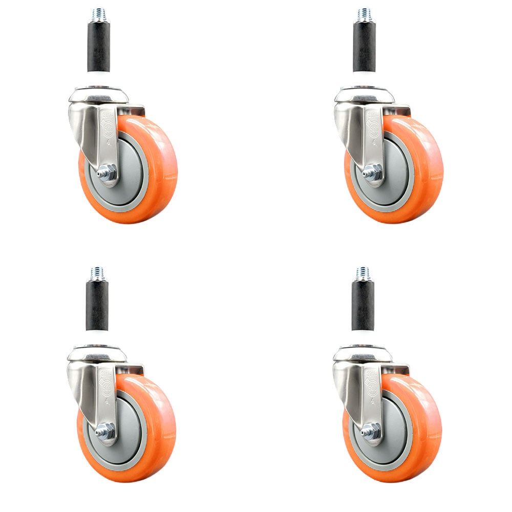Polyurethane Swivel Stem Caster with 4 in. Orange Caster Wheels, 0.75 in. Expanding Stems - 316 Stainless Steel Casters - Set of 4