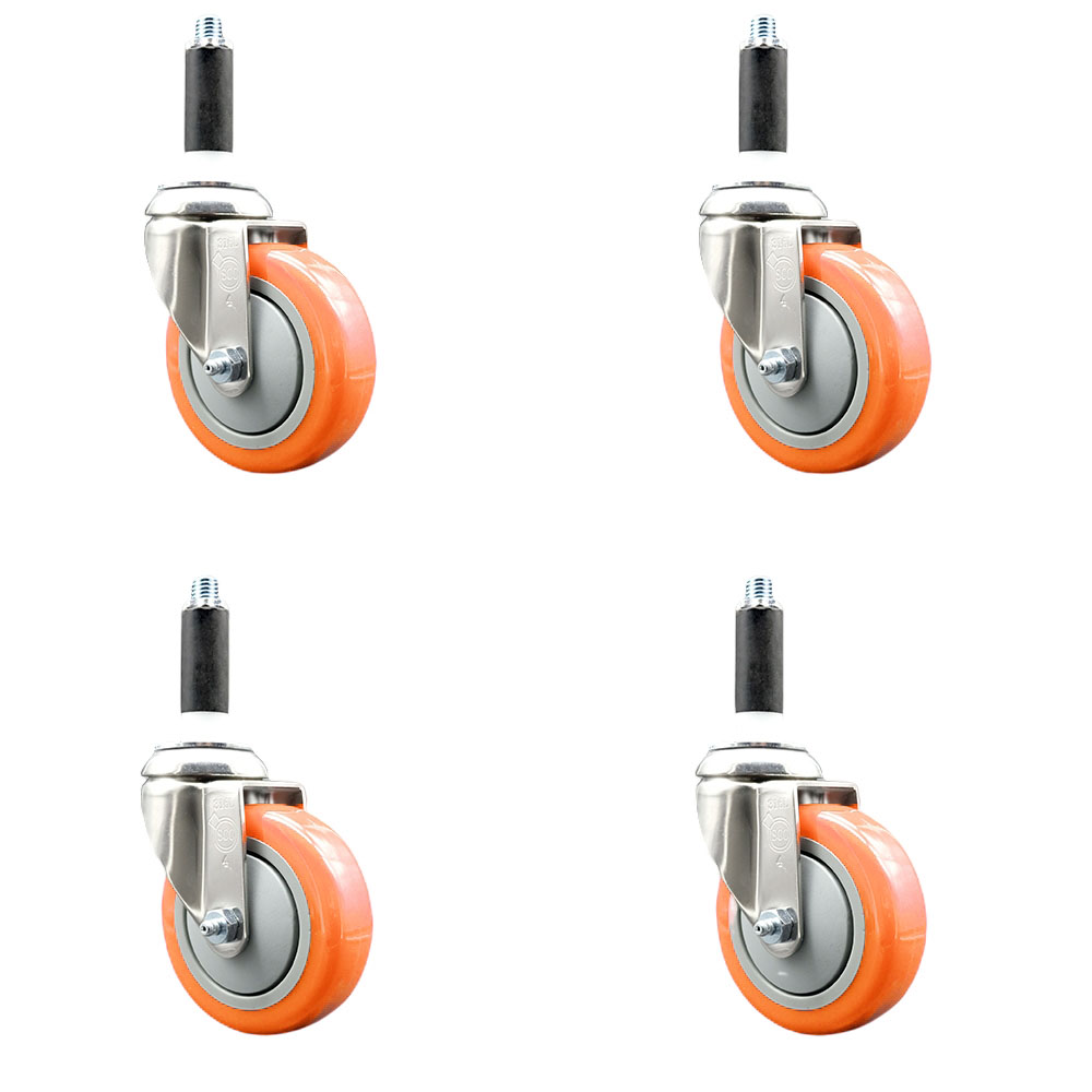 Polyurethane Swivel Stem Caster with 4 in. Orange Caster Wheels, 0.87 in. Expanding Stems - 316 Stainless Steel Casters - Set of 4