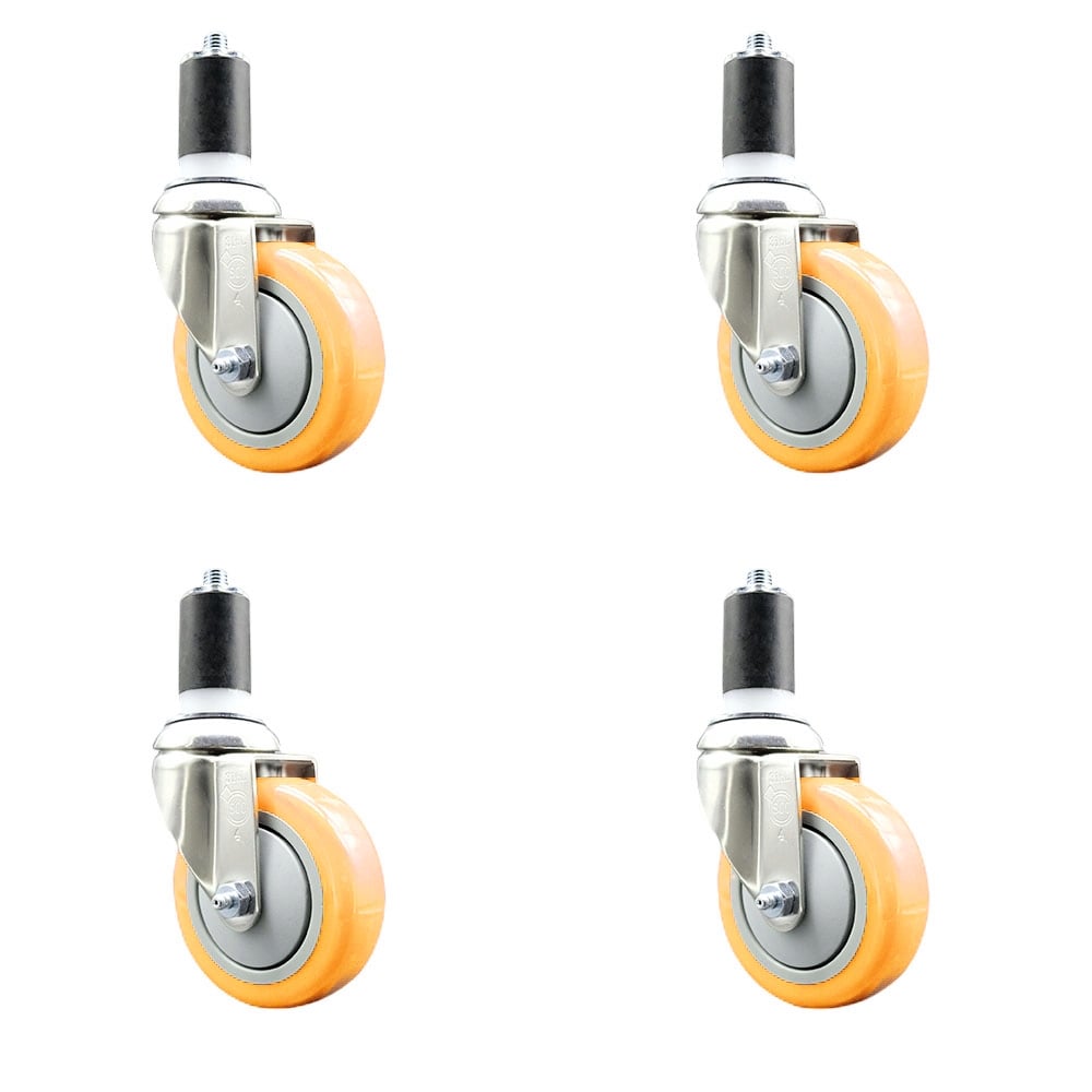 Polyurethane Swivel Stem Caster with 4 in. Yellow Caster Wheels, 1.63 in. Expanding Stems - 316 Stainless Steel Casters - Set of 4