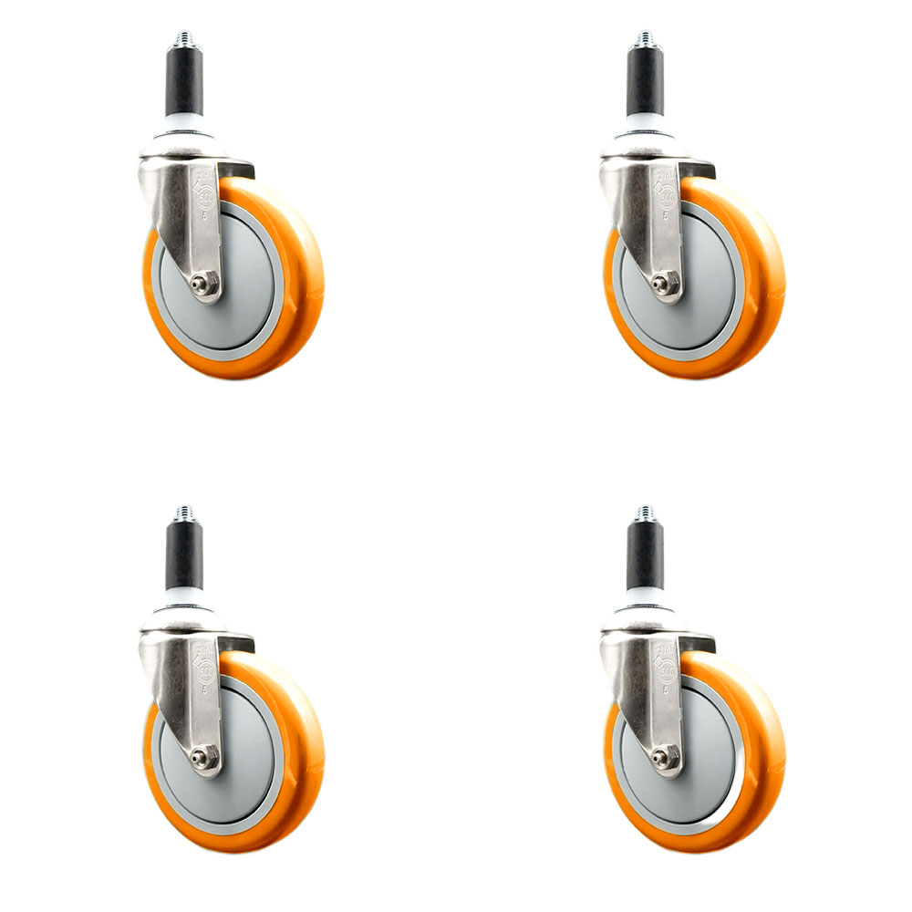 Polyurethane Swivel Stem Caster with 5 in. Orange Caster Wheels, 1.25 in. Expanding Stems - 316 Stainless Steel Casters - Set of 4