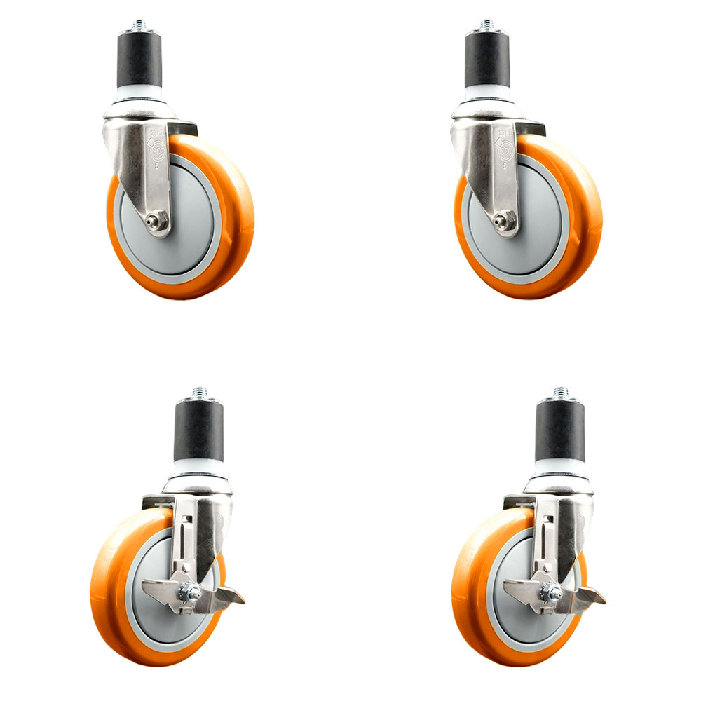 Polyurethane Swivel Stem Caster with 5 in. Orange Caster Wheels, 1.75 in. Expanding Stems - 316 Stainless Steel Casters - Set of 4
