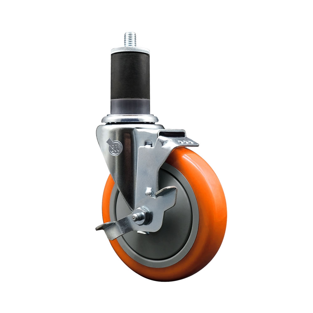 Polyurethane Swivel Stem Caster with 5 in. Orange Caster Wheels & Top Lock Brake, 1.63 in. Expanding Stem - 316 Stainless Steel Caster