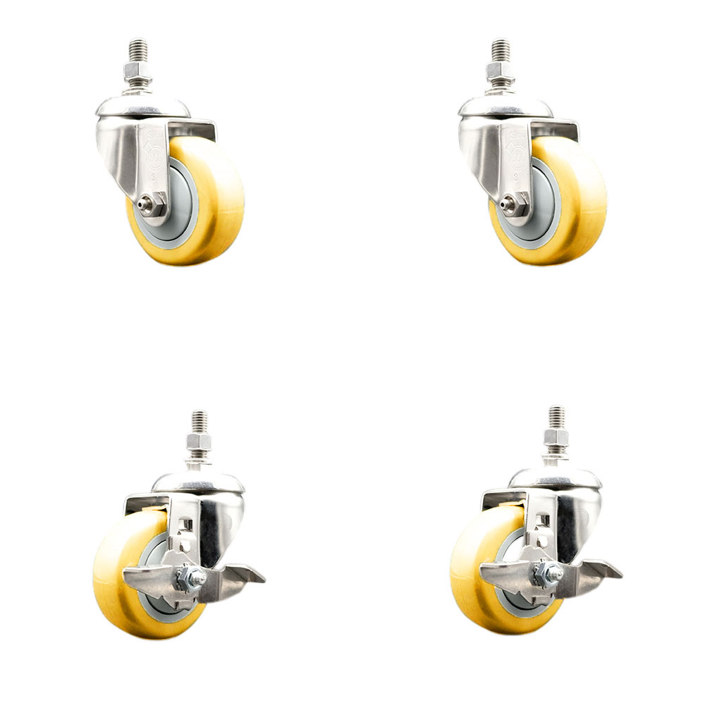 Poly Swivel Stem Caster with 3 in. Yellow Caster Wheels, 0.38 in. Threaded Stems - 316 Stainless Steel Casters - Set of 4
