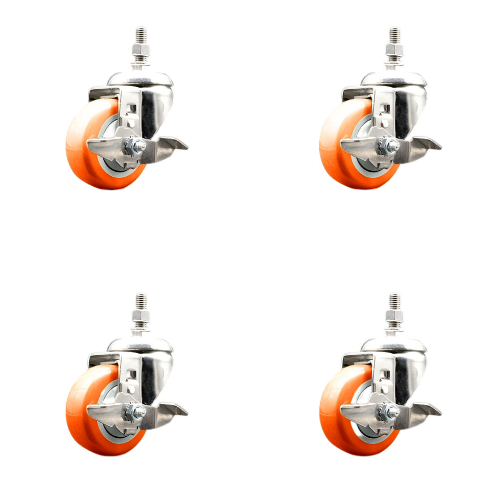 Polyurethane Swivel Stem Caster with 3.5 in. Orange Caster Wheels, 0.5 in. Threaded Stems - 316 Stainless Steel Casters - Set of 4