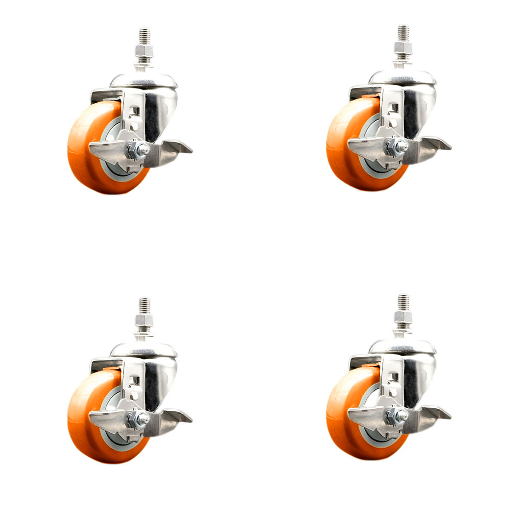 Polyurethane Swivel Stem Caster with 3.5 in. Orange Caster Wheels, 0.38 in. Threaded Stems - 316 Stainless Steel Casters - Set of 4