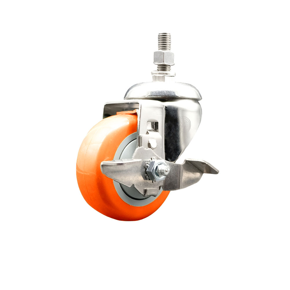 Polyurethane Swivel Stem Caster with 3.5 in. Orange Caster Wheels & Top Lock Brake, 10 mm Threaded Stem - 316 Stainless Steel Caster