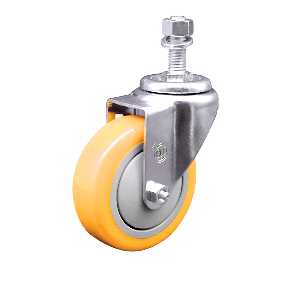 Polyurethane Swivel Stem Caster with 4 in. Yellow Caster Wheels, 12 mm Threaded Stem - 316 Stainless Steel Caster