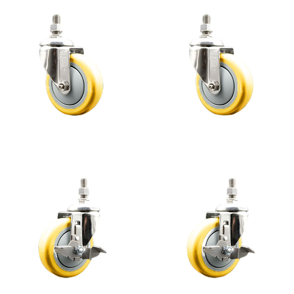 Poly Swivel Stem Caster with 4 in. Yellow Caster Wheels, 12 mm Threaded Stems - 316 Stainless Steel Casters - Set of 4