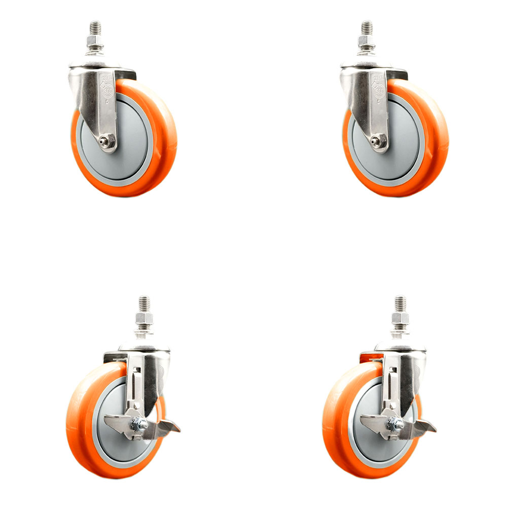 Poly Swivel Stem Caster with 5 in. Orange Caster Wheels, 0.5 in. Threaded Stems - 316 Stainless Steel Casters - Set of 4