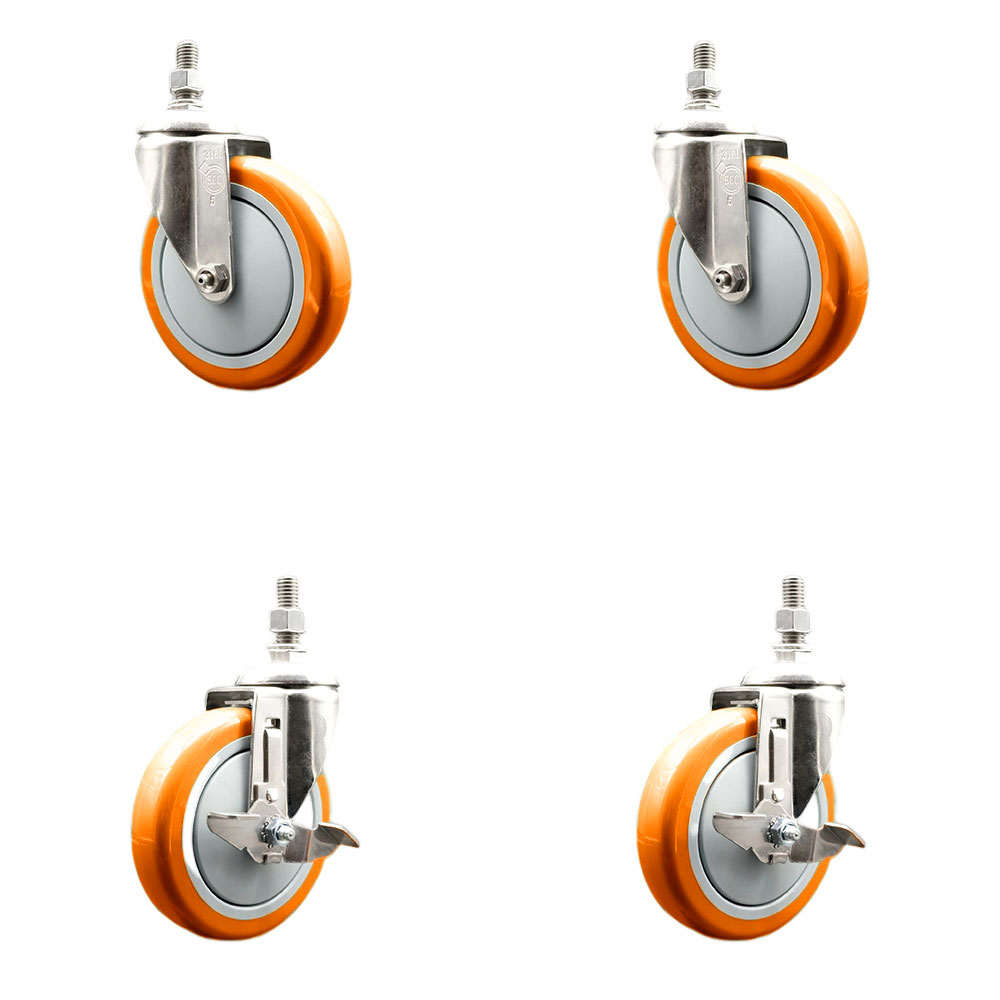 Poly Swivel Stem Caster with 5 in. Orange Caster Wheels, 10 mm Threaded Stems - 316 Stainless Steel Casters - Set of 4