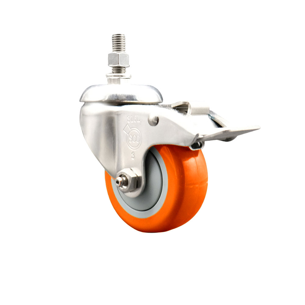 Polyurethane Swivel Stem Caster with 3.5 in. Orange Caster Wheels & Total Lock Brake, 0.38 in. Threaded Stem - 316 Stainless Steel Caster