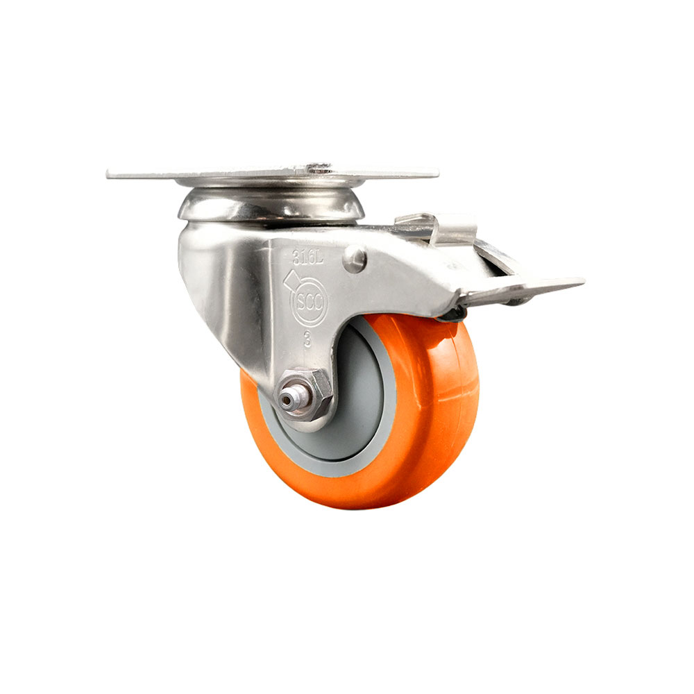 SCC-SS316TTL20S3514-PPUB-ORG Polyurethane Swivel Top Plate Caster with 3.5 in. 316 Stainless Steel Orange Caster Wheel & Total Lock Brake