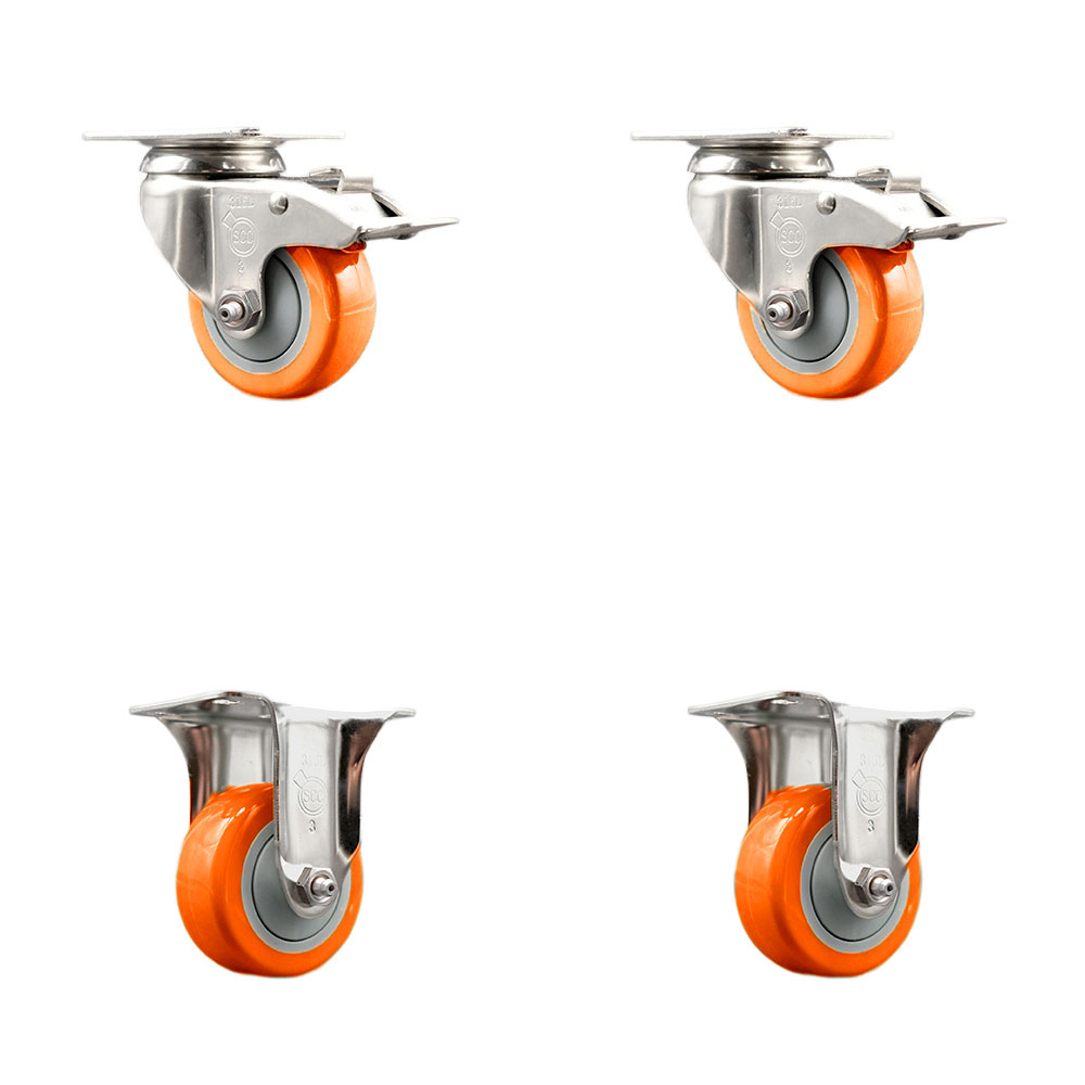 SCC-SS316TTL20S3514-PPUB-ORG-2-R-2 Polyurethane Swivel Top Plate Caster with 3.5 in. 316 Stainless Steel Orange Wheels - Set of 4