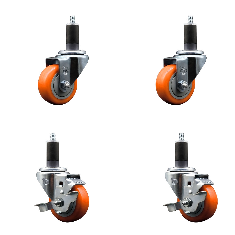 Polyurethane Swivel Stem Caster with 3 in. Orange Caster Wheels, 1.25 in. Expanding Stems - 316 Stainless Steel Casters - Set of 4