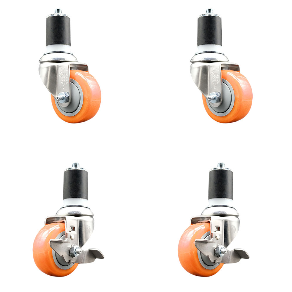 Polyurethane Swivel Stem Caster with 3 in. Orange Caster Wheels, 1.87 in. Expanding Stems - 316 Stainless Steel Casters - Set of 4