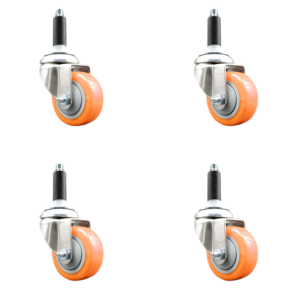 Polyurethane Swivel Stem Caster with 3 in. Orange Caster Wheels, 0.75 in. Expanding Stems - 316 Stainless Steel Casters - Set of 4