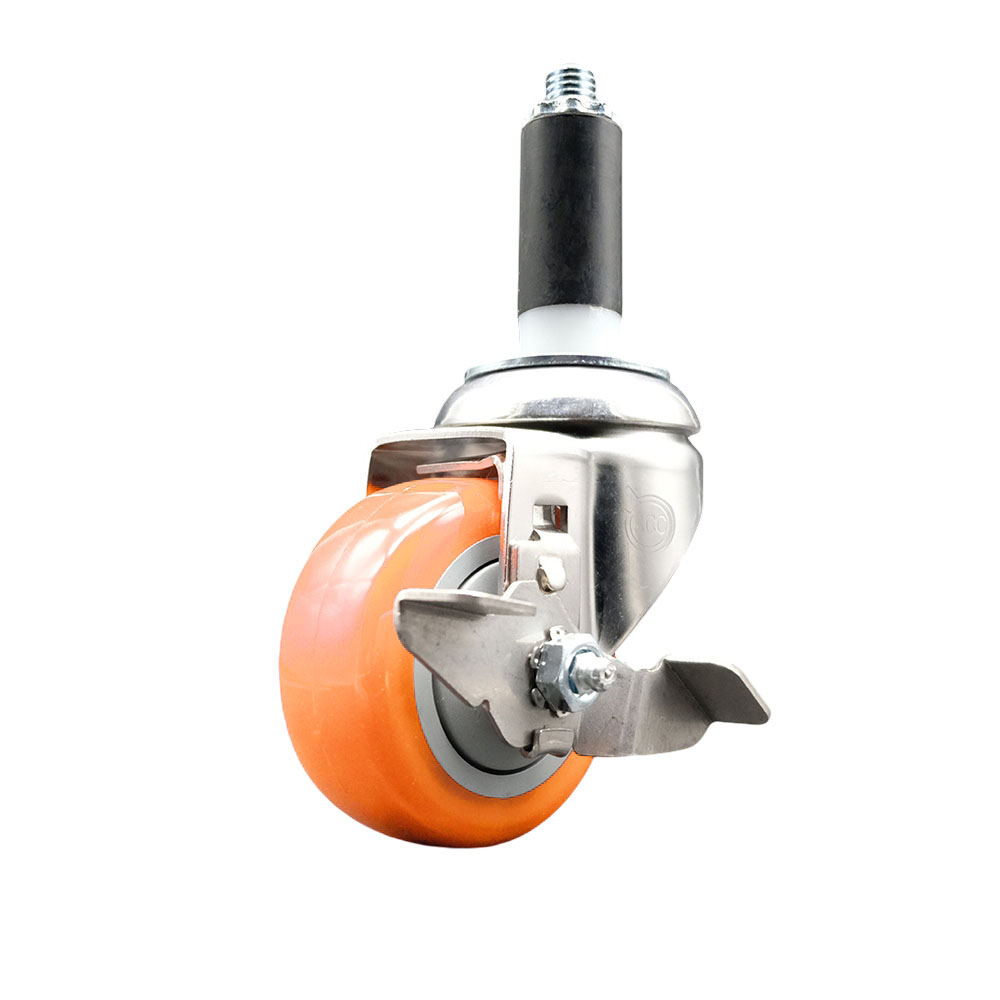 Polyurethane Swivel Stem Caster with 3 in. Orange Caster Wheels & Top Lock Brake, 1 in. Expanding Stem - 316 Stainless Steel Caster