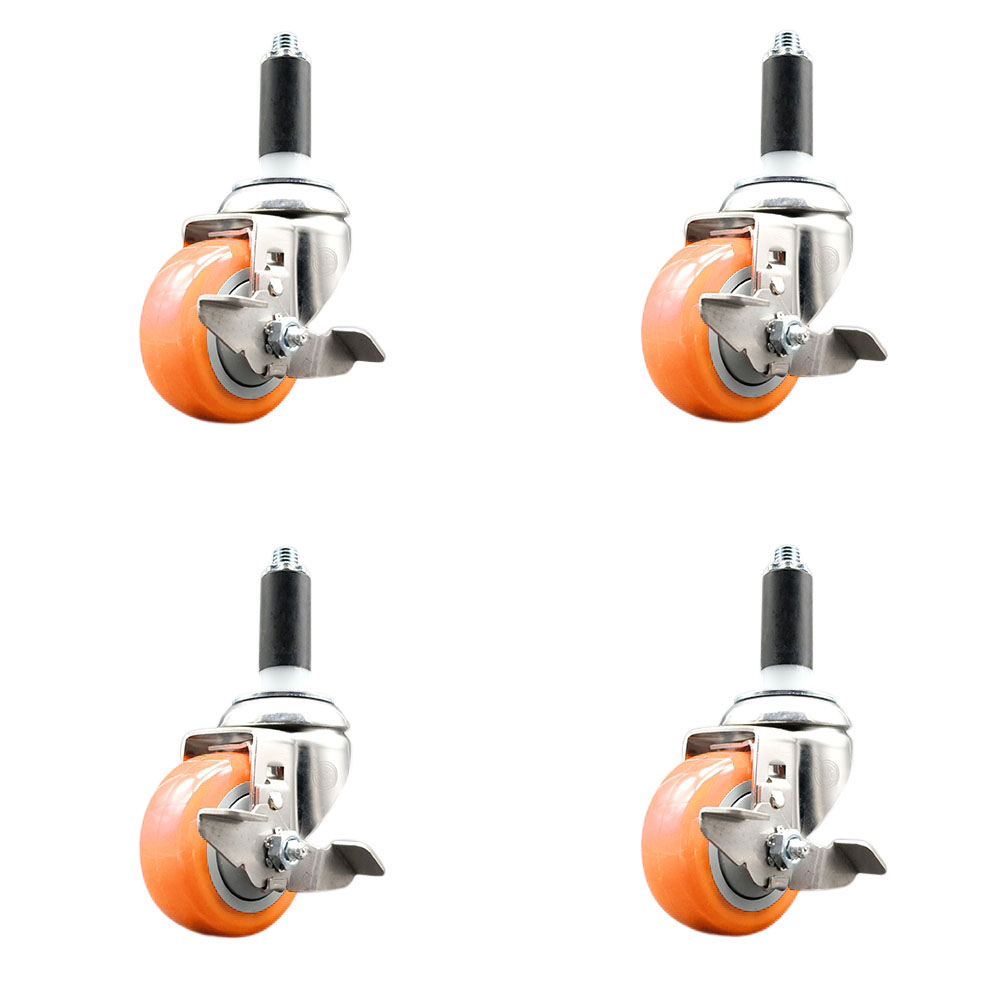 Polyurethane Swivel Stem Caster with 3 in. Orange Caster Wheels, 1 in. Expanding Stems - 316 Stainless Steel Casters - Set of 4