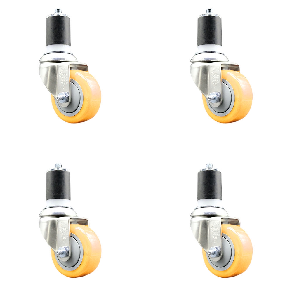 Polyurethane Swivel Stem Caster with 3 in. Yellow Caster Wheels, 1.87 in. Expanding Stems - 316 Stainless Steel Casters - Set of 4