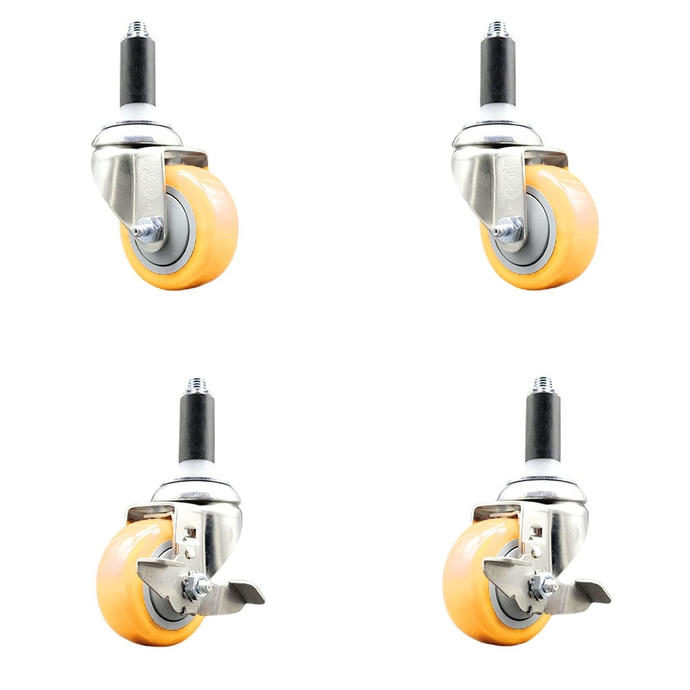 Polyurethane Swivel Stem Caster with 3 in. Yellow Caster Wheels, 1 in. Expanding Stems - 316 Stainless Steel Casters - Set of 4