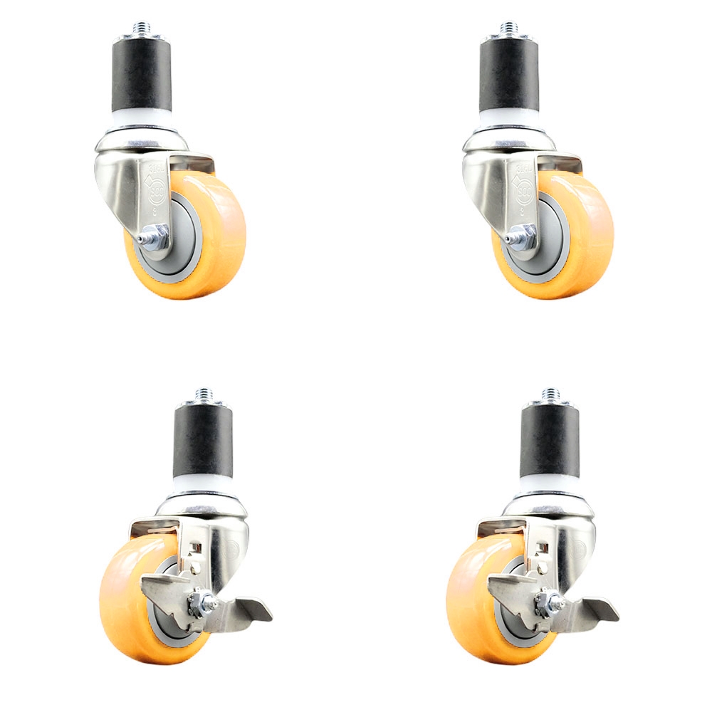 Polyurethane Swivel Stem Caster with 3 in. Yellow Caster Wheels, 1.75 in. Expanding Stems - 316 Stainless Steel Casters - Set of 4