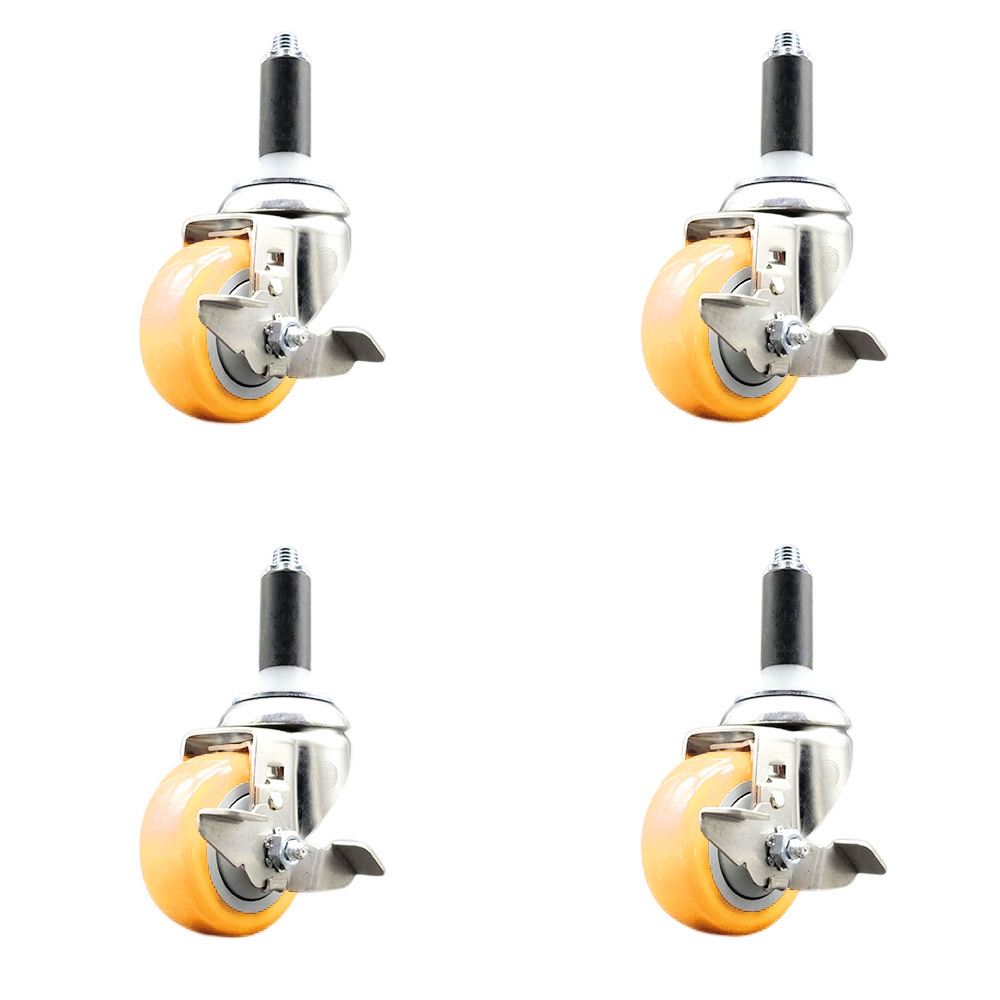 Polyurethane Swivel Stem Caster with 3 in. Yellow Caster Wheels, 1 in. Expanding Stems - 316 Stainless Steel Casters - Set of 4