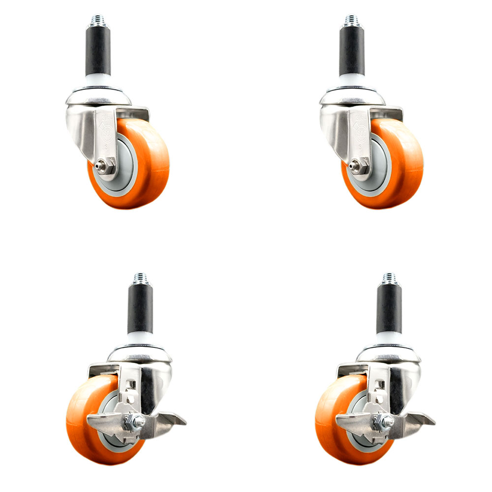 Polyurethane Swivel Stem Caster with 3.5 in. Orange Caster Wheels, 1 in. Expanding Stems - 316 Stainless Steel Casters - Set of 4