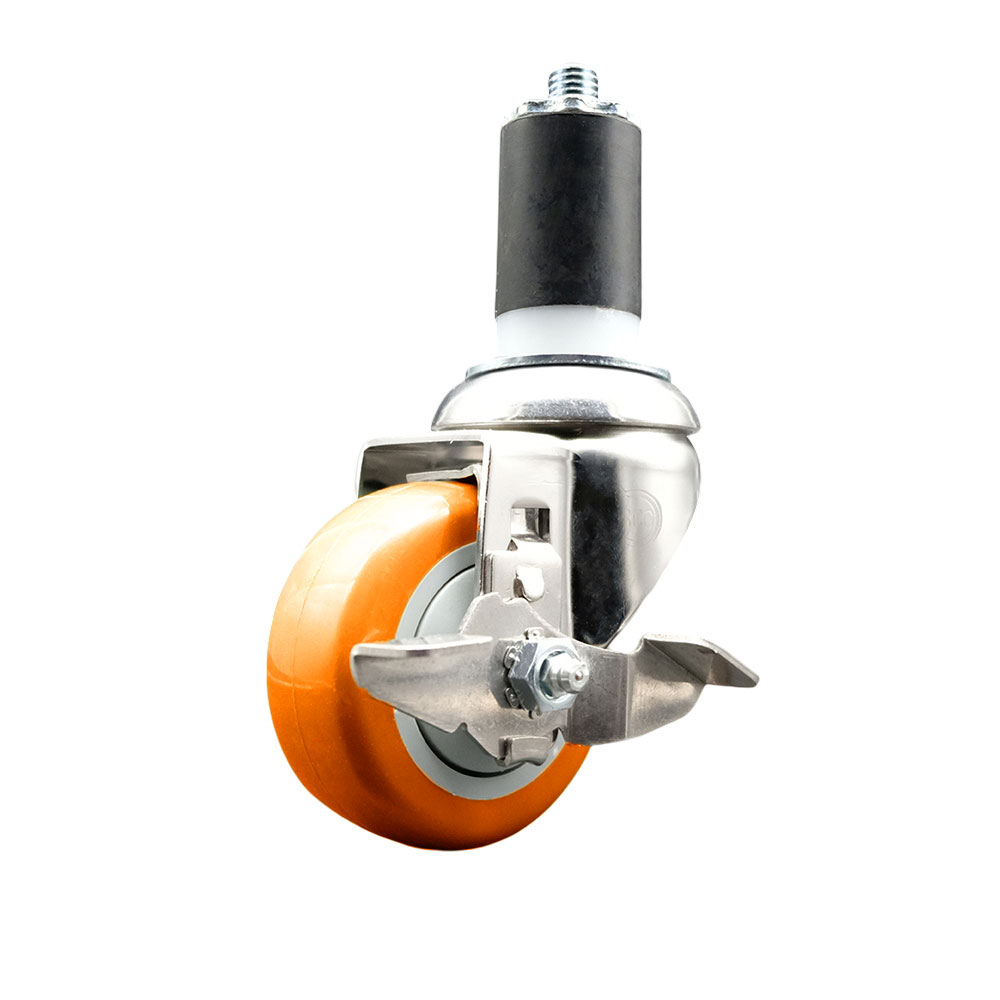 Polyurethane Swivel Stem Caster with 3.5 in. Orange Caster Wheels & Top Lock Brake, 1.63 in. Expanding Stem - 316 Stainless Steel Caster
