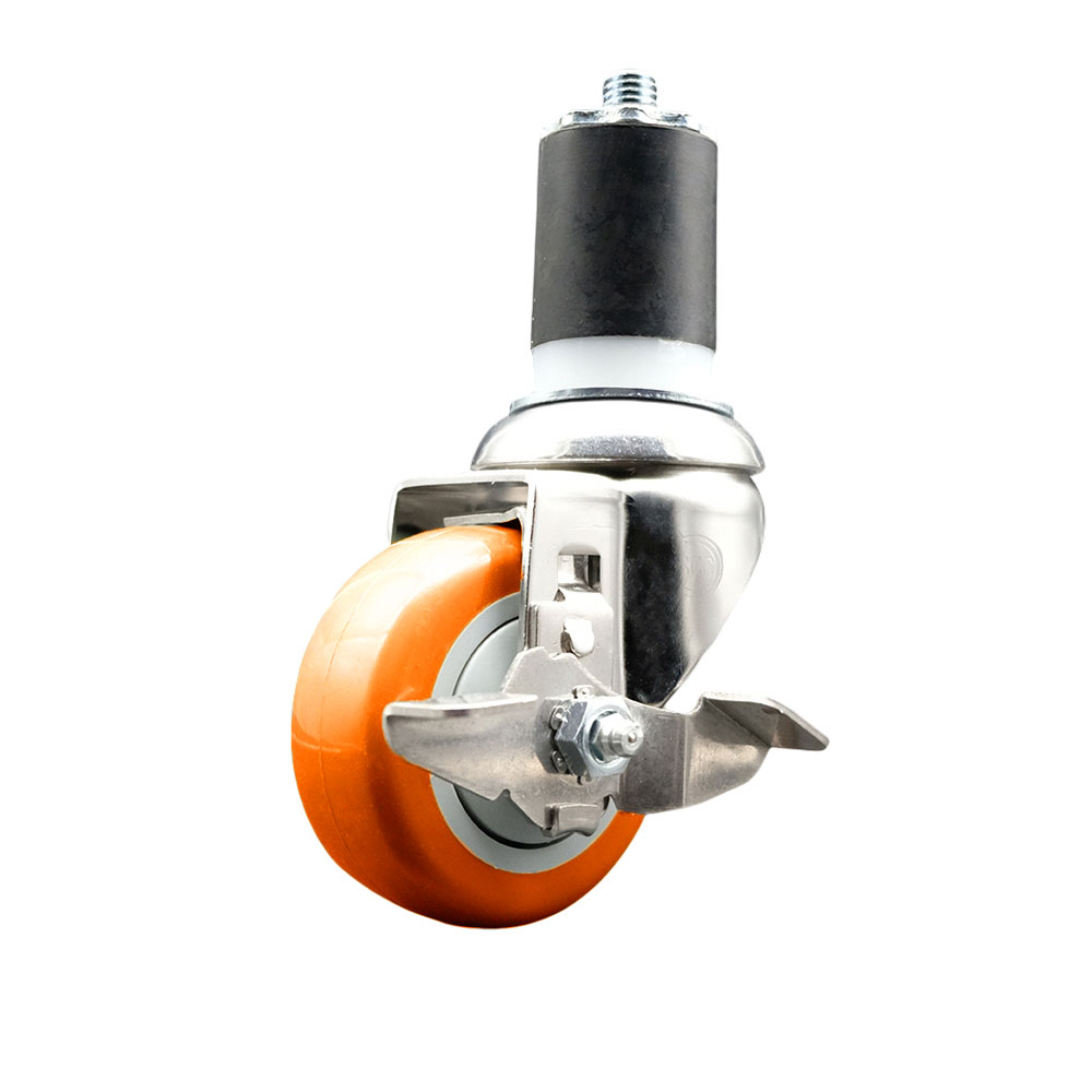 Polyurethane Swivel Stem Caster with 3.5 in. Orange Caster Wheels & Top Lock Brake, 1.87 in. Expanding Stem - 316 Stainless Steel Caster