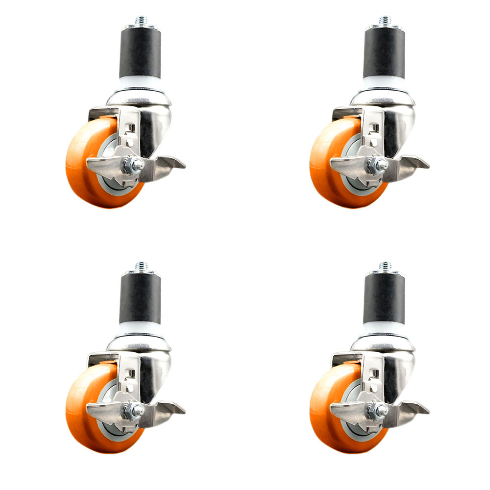 Polyurethane Swivel Stem Caster with 3.5 in. Orange Caster Wheels, 1.87 in. Expanding Stems - 316 Stainless Steel Casters - Set of 4