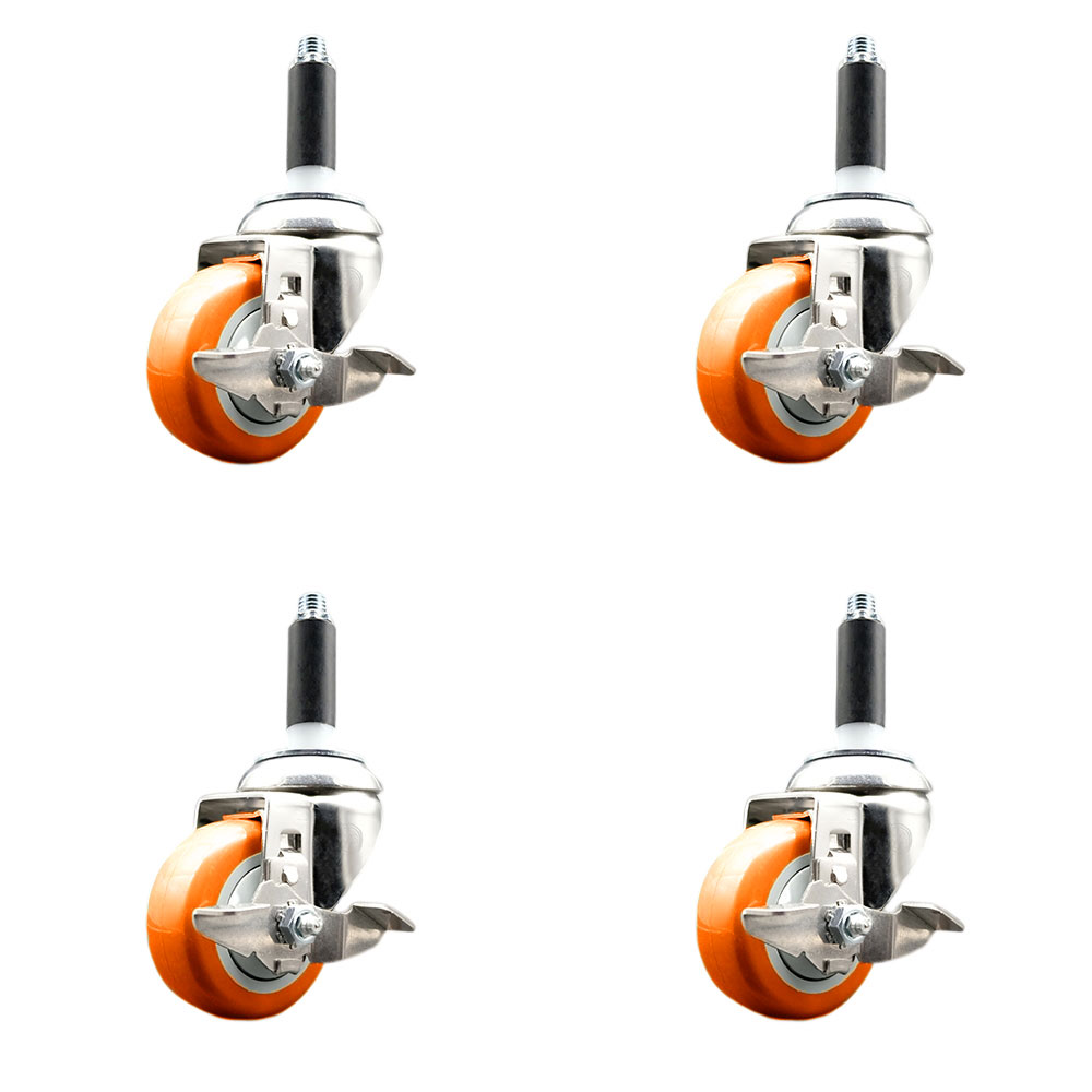 Polyurethane Swivel Stem Caster with 3.5 in. Orange Caster Wheels, 0.75 in. Expanding Stems - 316 Stainless Steel Casters - Set of 4