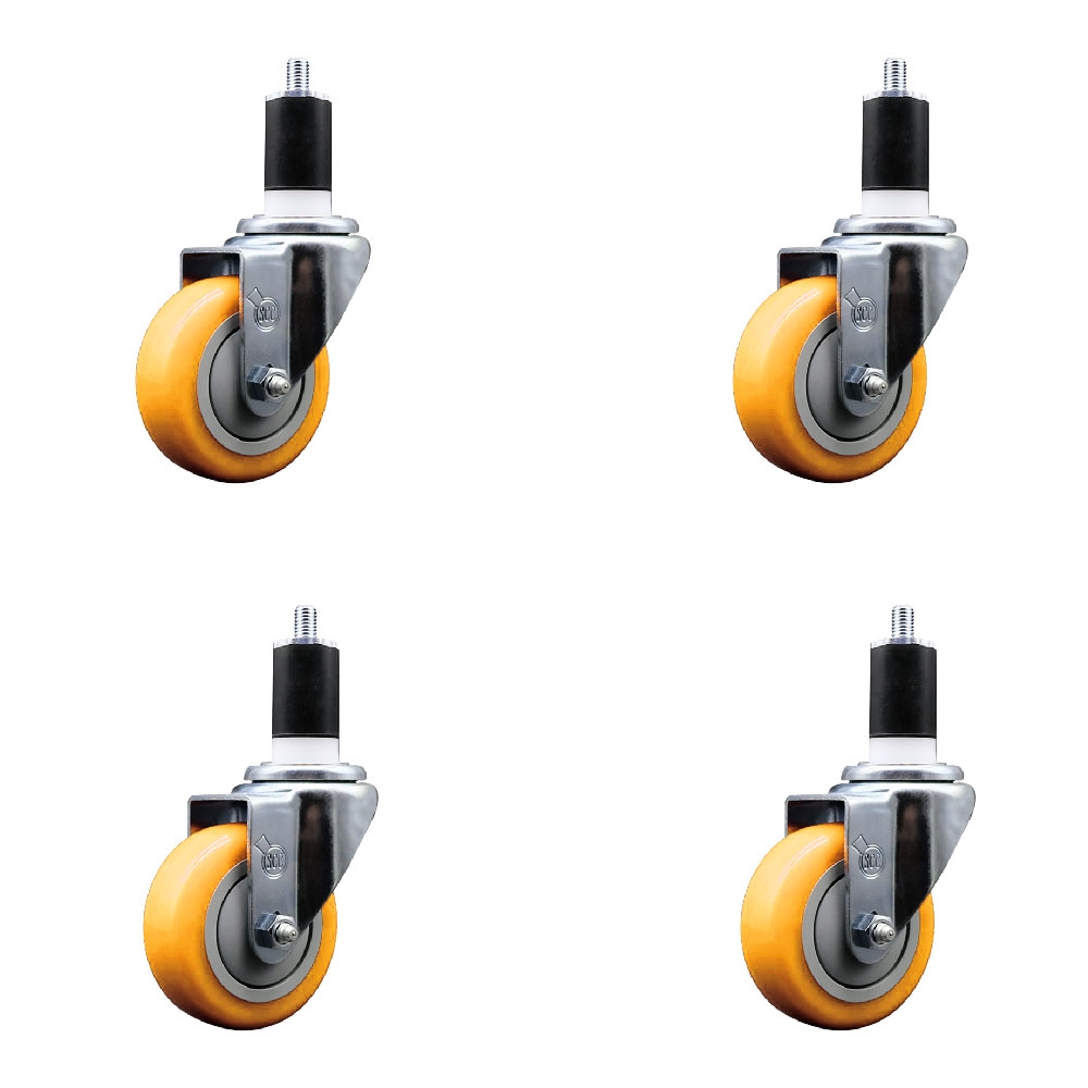 Polyurethane Swivel Stem Caster with 3.5 in. Yellow Caster Wheels, 1.5 in. Expanding Stems - 316 Stainless Steel Casters - Set of 4