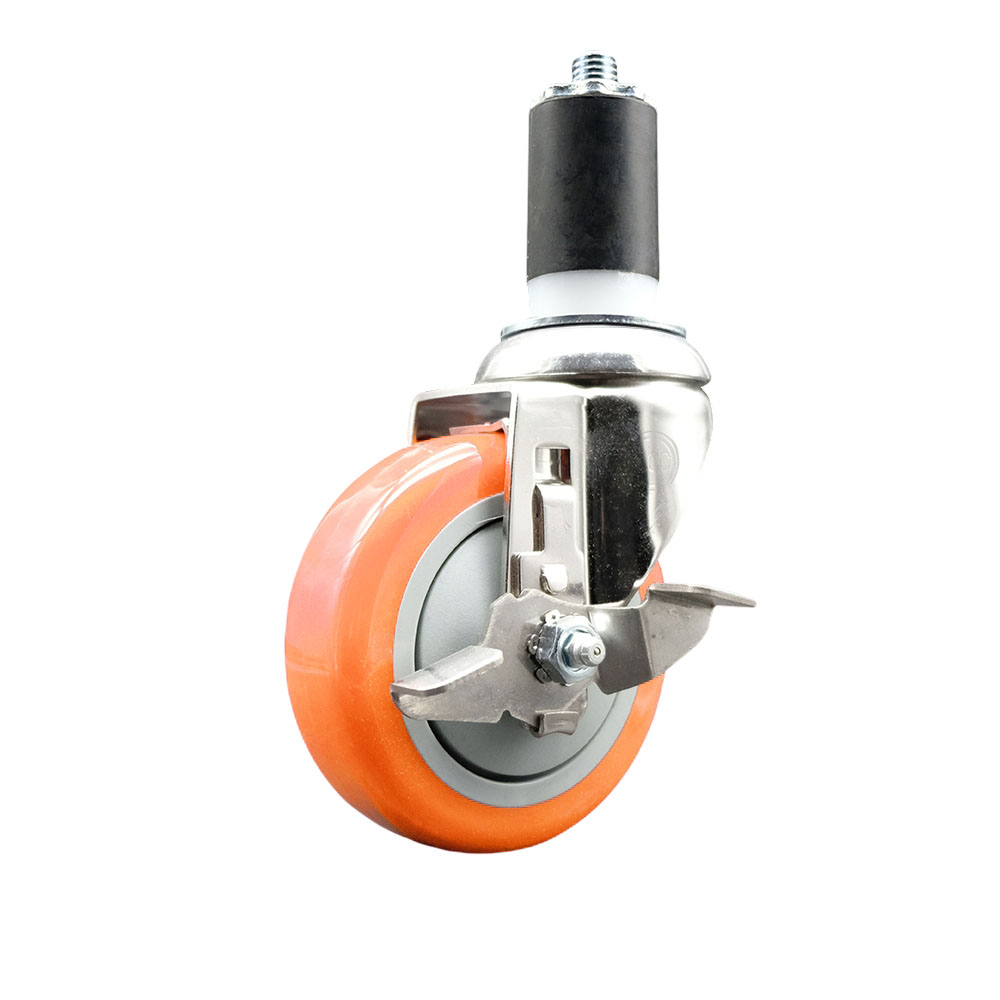 Polyurethane Swivel Stem Caster with 4 in. Orange Caster Wheels & Top Lock Brake, 1.63 in. Expanding Stem - 316 Stainless Steel Caster