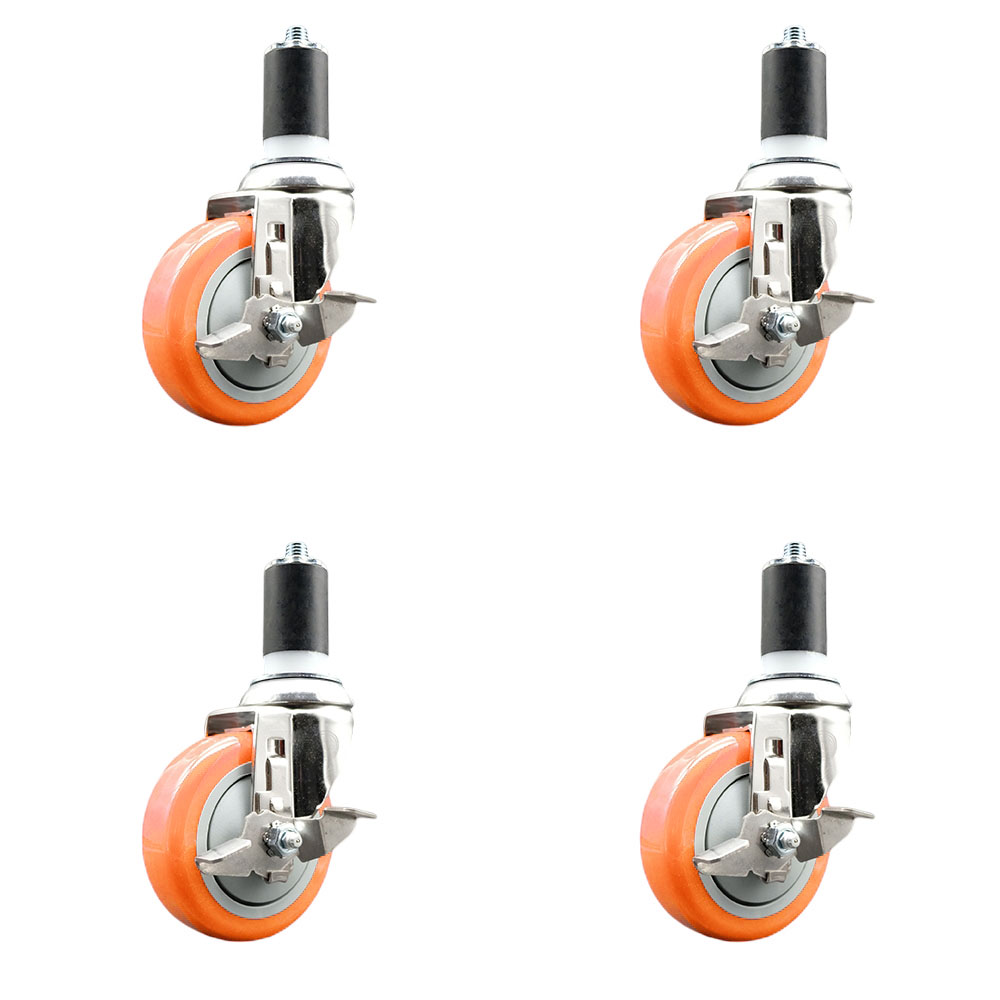 Polyurethane Swivel Stem Caster with 4 in. Orange Caster Wheels, 1.63 in. Expanding Stems - 316 Stainless Steel Casters - Set of 4
