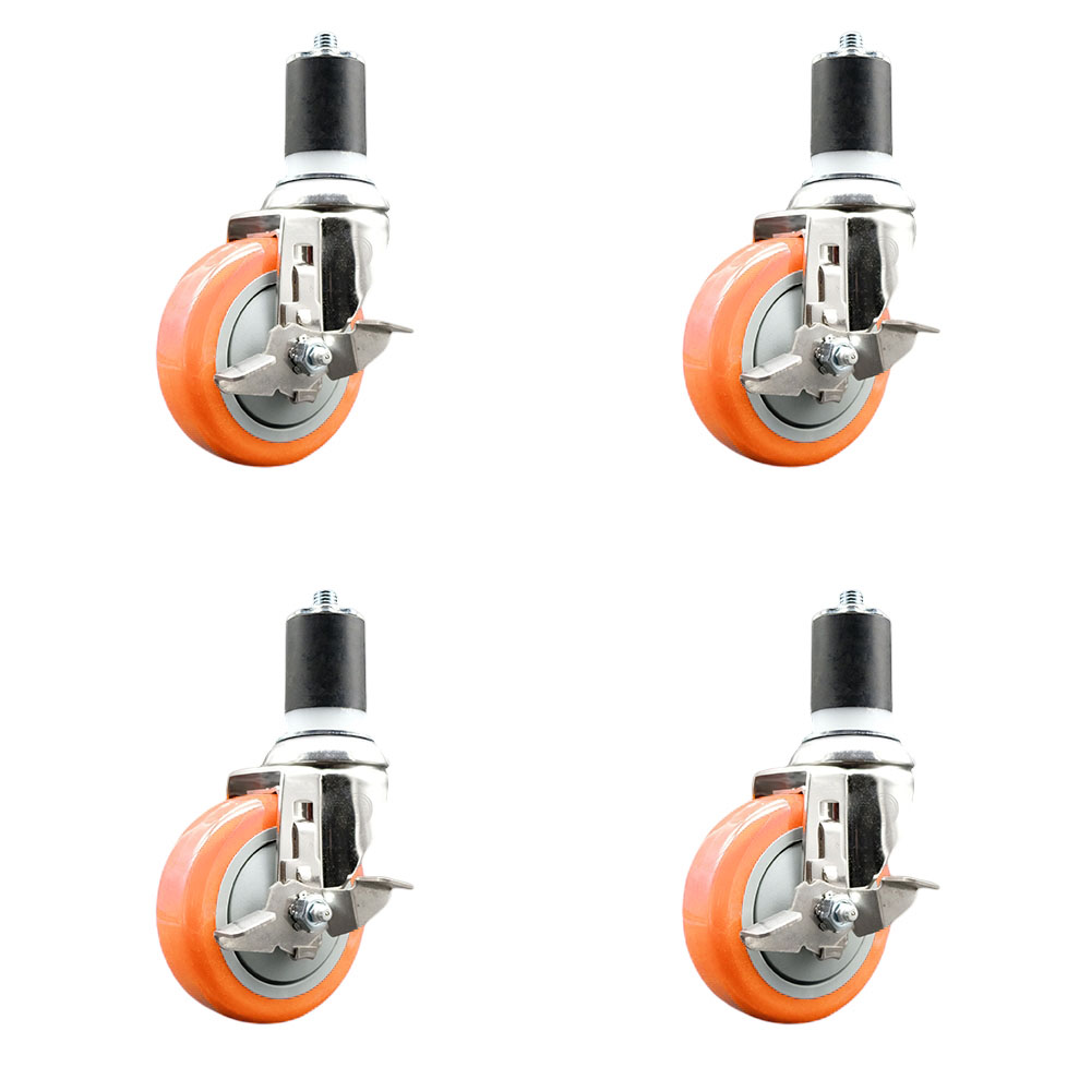 Polyurethane Swivel Stem Caster with 4 in. Orange Caster Wheels, 1.87 in. Expanding Stems - 316 Stainless Steel Casters - Set of 4
